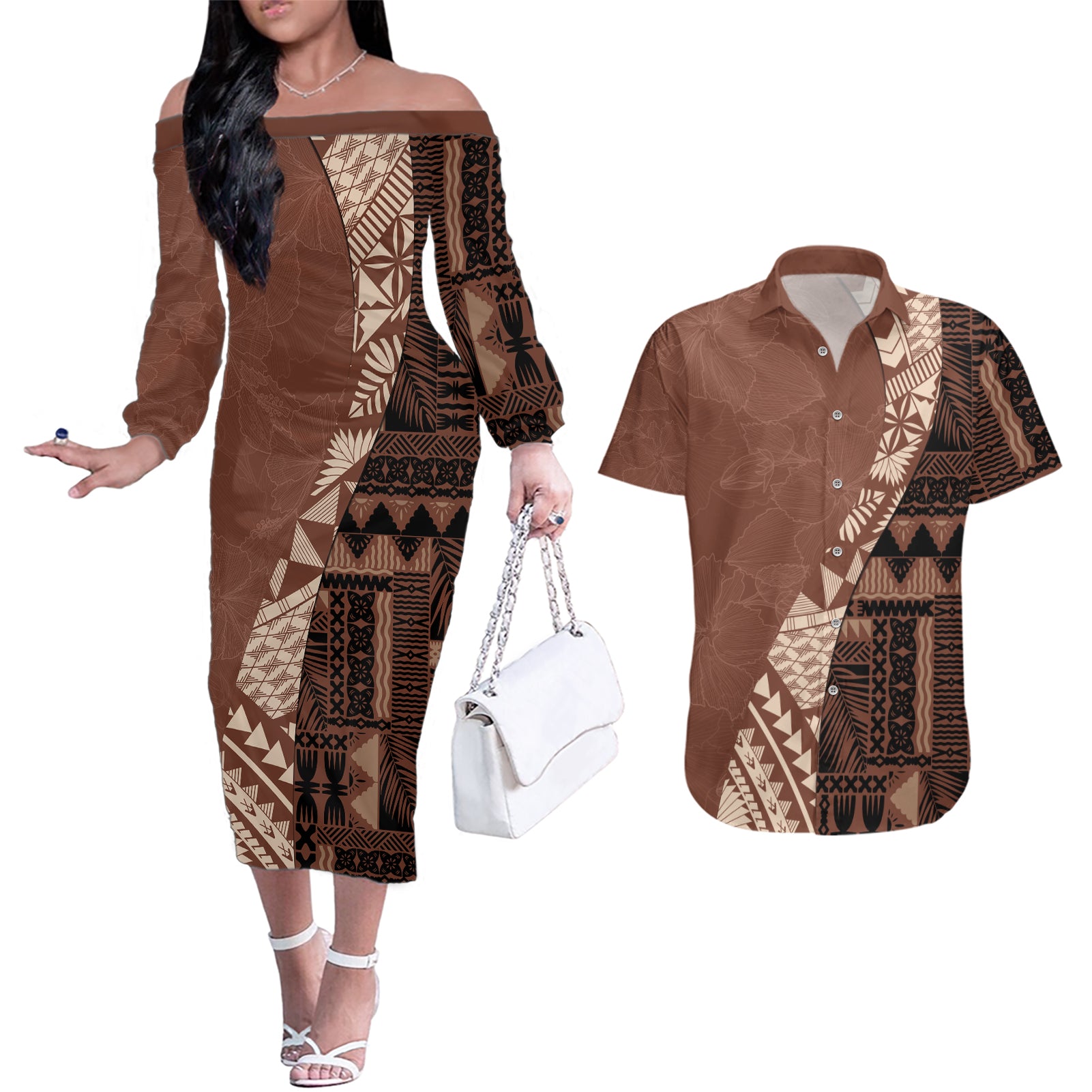 Bula Fiji Couples Matching Off The Shoulder Long Sleeve Dress and Hawaiian Shirt Tribal Masi Tapa - Brown LT7 Brown - Polynesian Pride