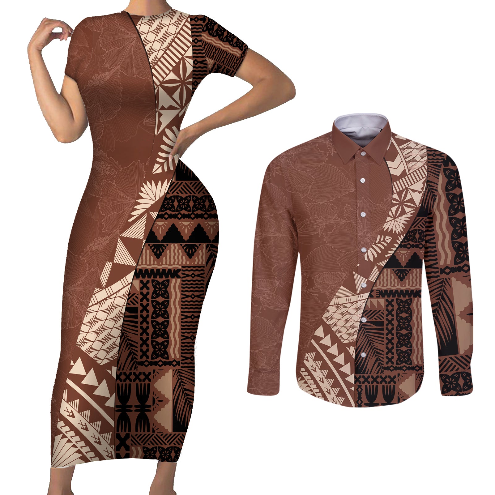 Bula Fiji Couples Matching Short Sleeve Bodycon Dress and Long Sleeve Button Shirt Tribal Masi Tapa - Brown LT7 Brown - Polynesian Pride