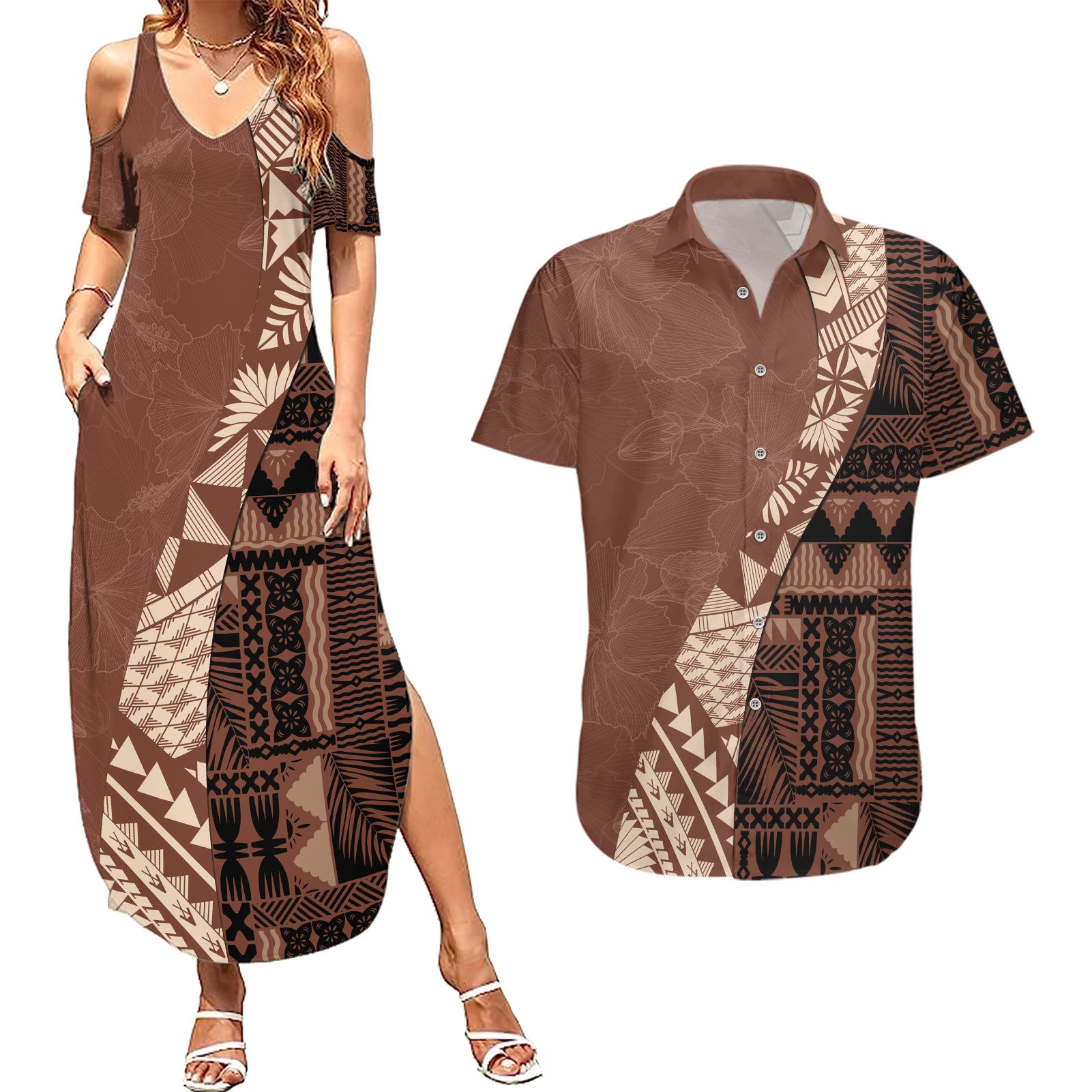 Bula Fiji Couples Matching Summer Maxi Dress and Hawaiian Shirt Tribal Masi Tapa - Brown LT7 Brown - Polynesian Pride