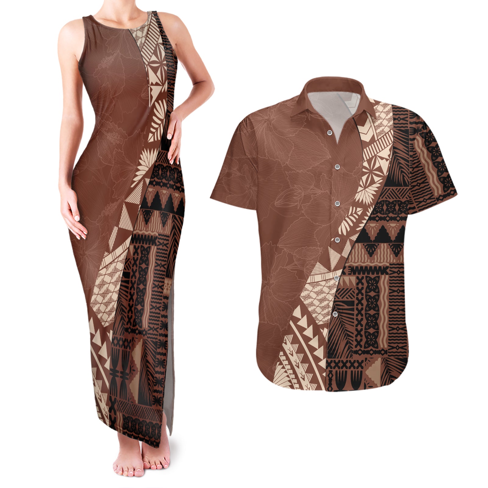 Bula Fiji Couples Matching Tank Maxi Dress and Hawaiian Shirt Tribal Masi Tapa - Brown LT7 Brown - Polynesian Pride