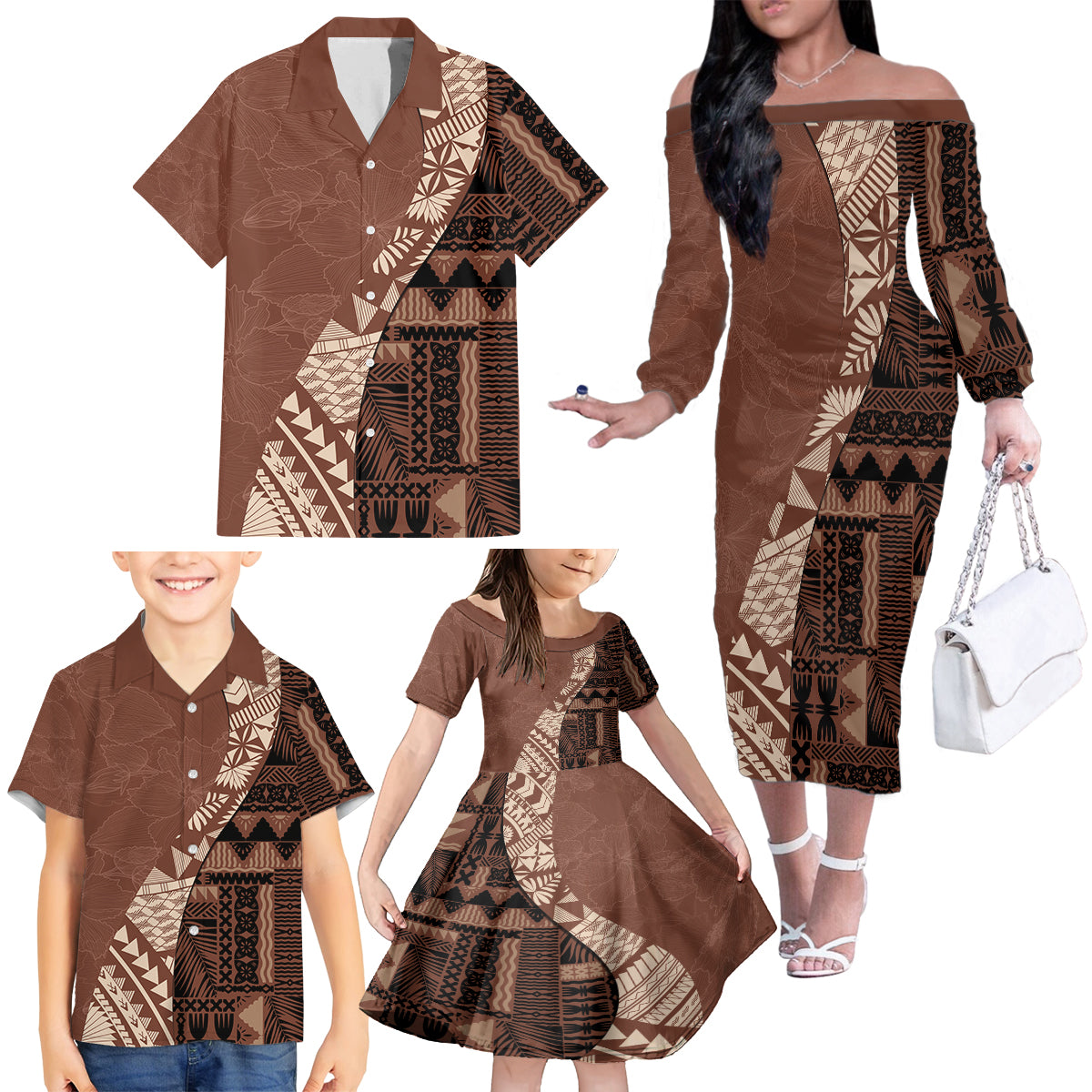 Bula Fiji Family Matching Off Shoulder Long Sleeve Dress and Hawaiian Shirt Tribal Masi Tapa - Brown LT7 - Polynesian Pride