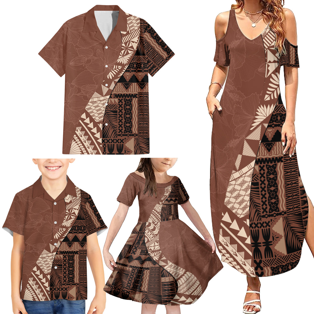 Bula Fiji Family Matching Summer Maxi Dress and Hawaiian Shirt Tribal Masi Tapa - Brown LT7 - Polynesian Pride