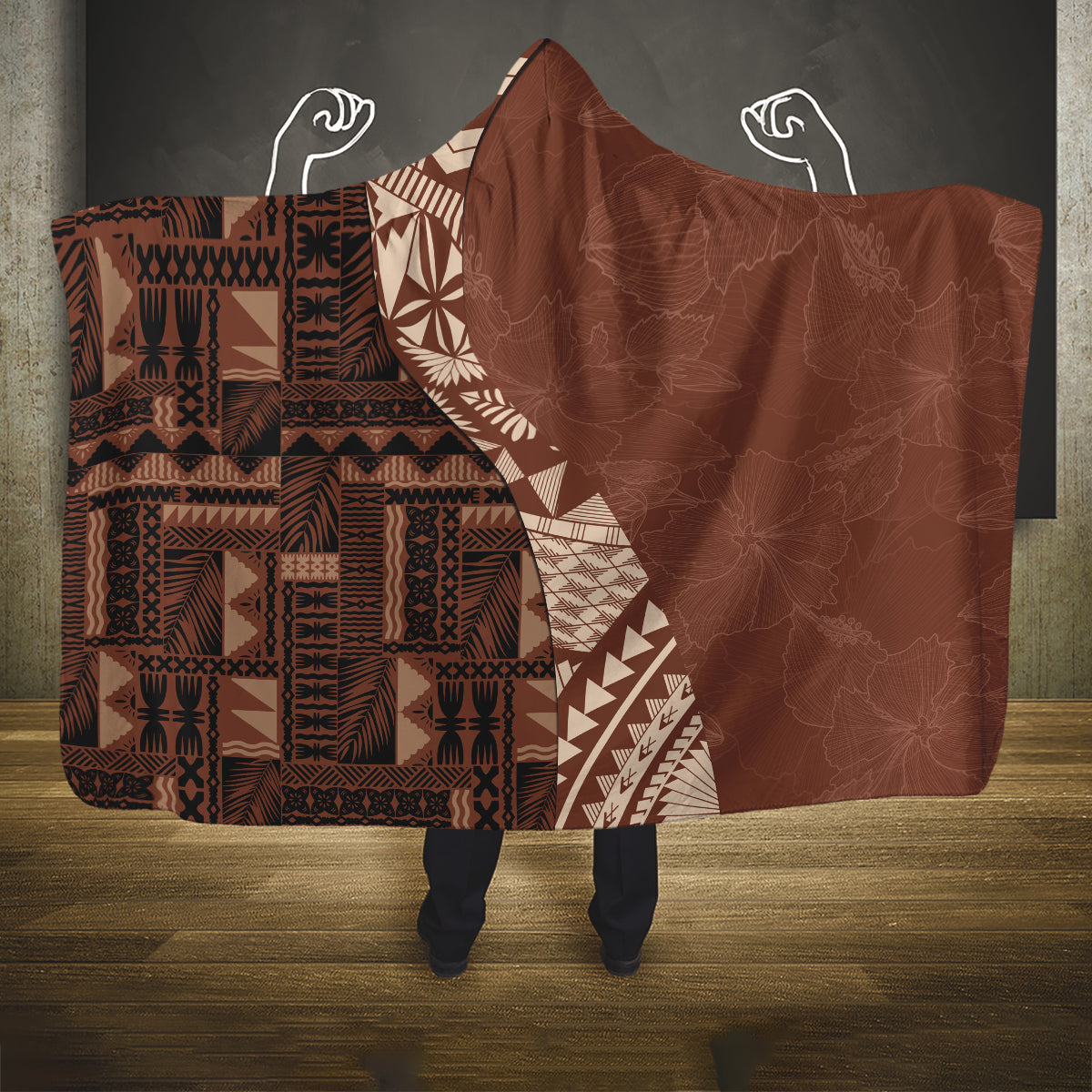 Bula Fiji Hooded Blanket Tribal Masi Tapa - Brown LT7 One Size Brown - Polynesian Pride