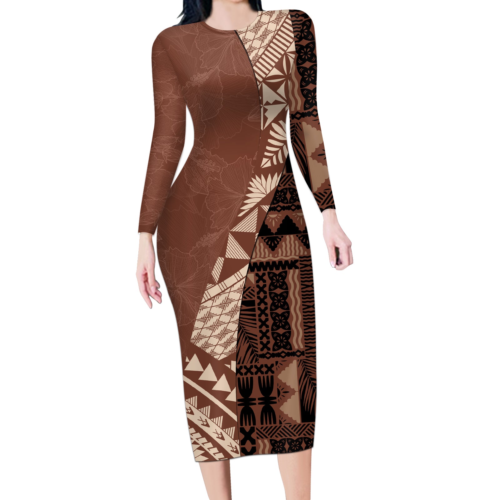 Bula Fiji Long Sleeve Bodycon Dress Tribal Masi Tapa - Brown LT7 Long Dress Brown - Polynesian Pride