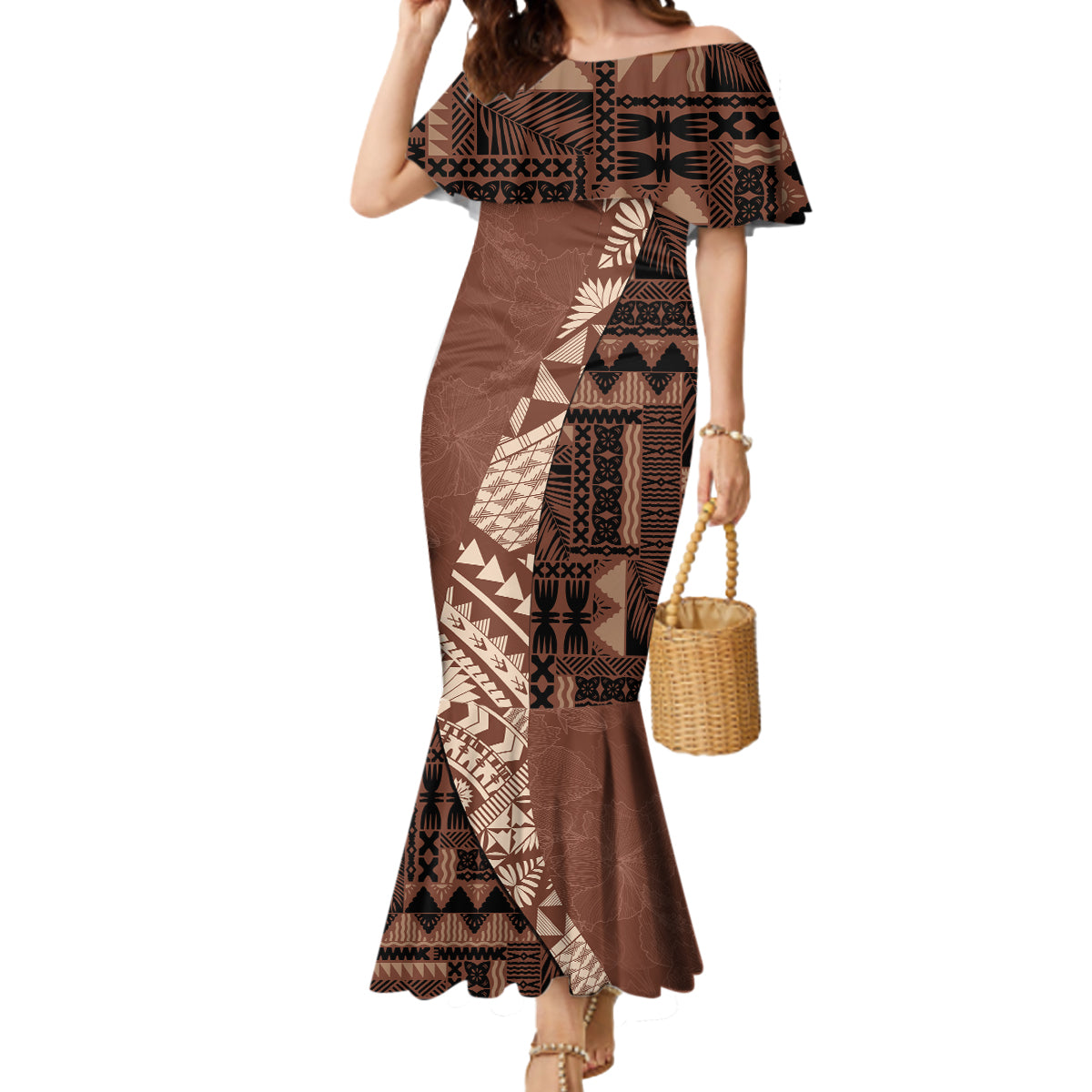 Bula Fiji Mermaid Dress Tribal Masi Tapa - Brown LT7 Women Brown - Polynesian Pride