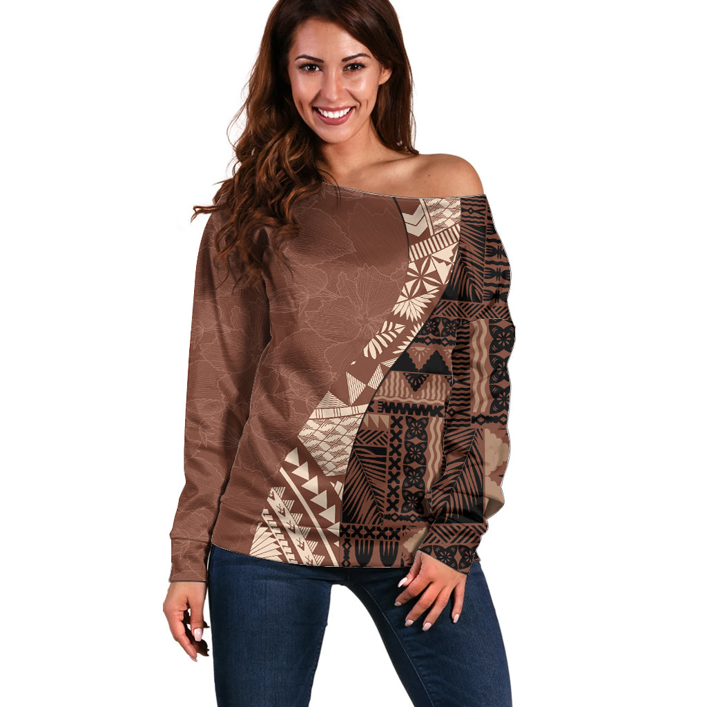 Bula Fiji Off Shoulder Sweater Tribal Masi Tapa - Brown LT7 Women Brown - Polynesian Pride