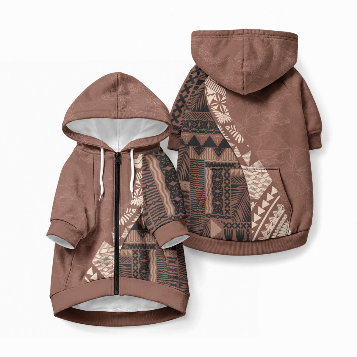 Bula Fiji Pet Hoodie Tribal Masi Tapa - Brown LT7 Zip-up Brown - Polynesian Pride