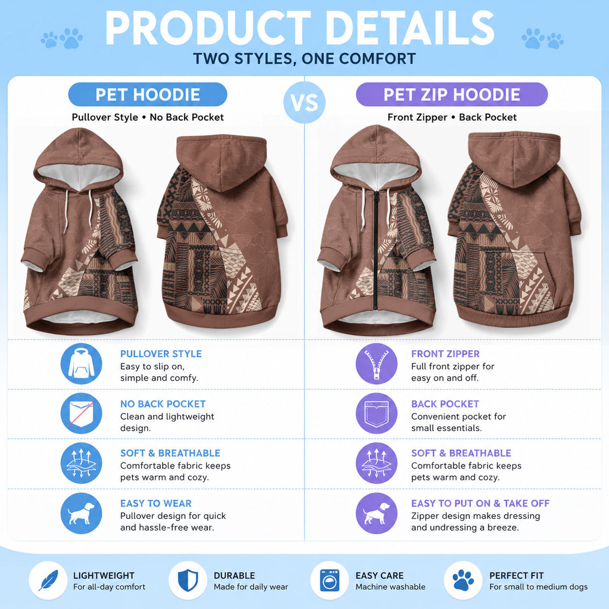 Bula Fiji Pet Hoodie Tribal Masi Tapa - Brown LT7 - Polynesian Pride