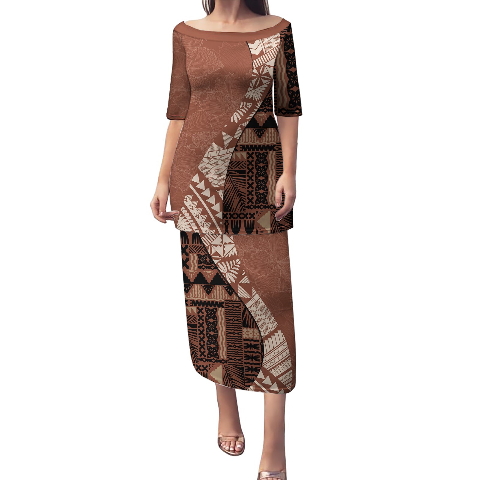 Bula Fiji Puletasi Tribal Masi Tapa - Brown LT7 Long Dress Brown - Polynesian Pride