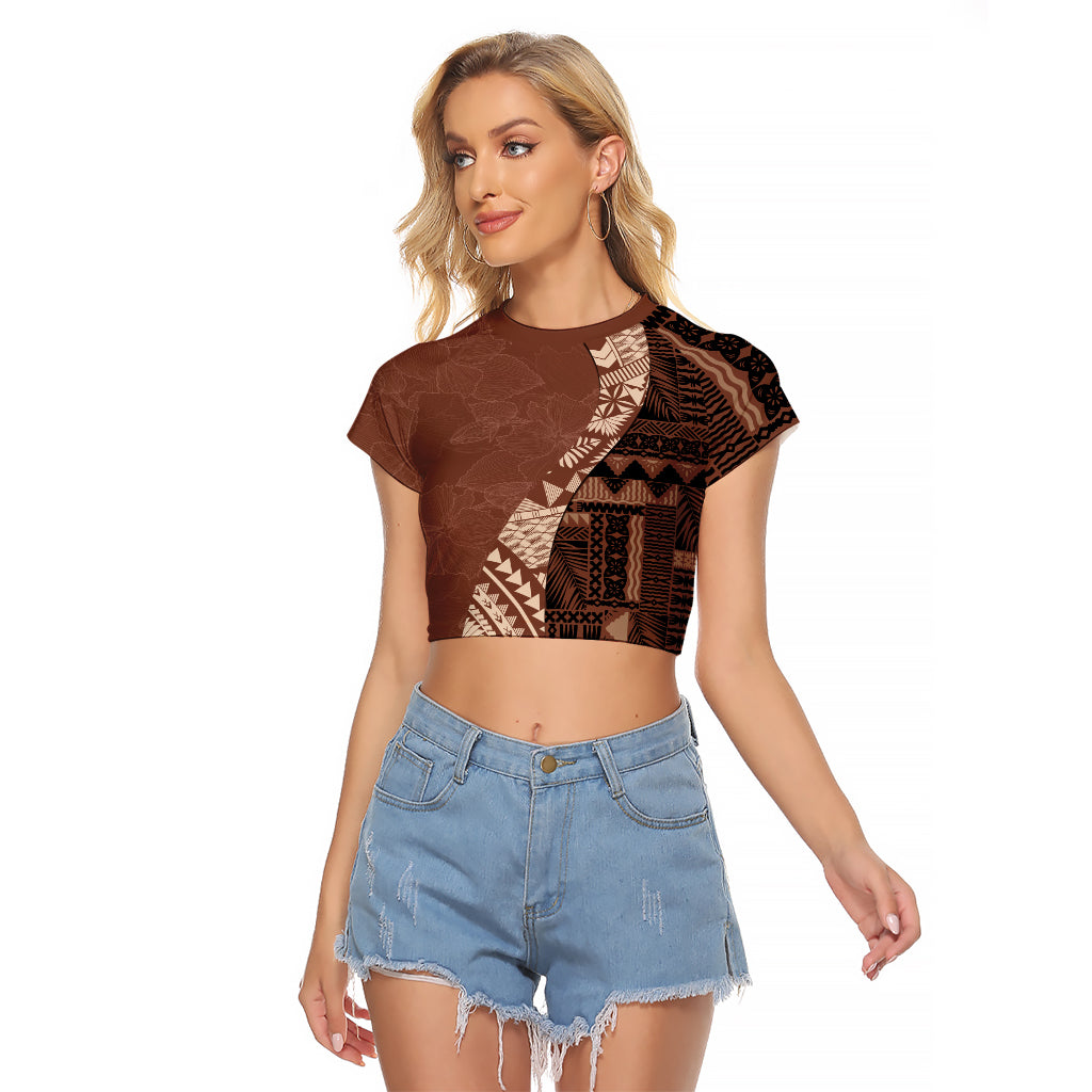 Bula Fiji Raglan Cropped T Shirt Tribal Masi Tapa - Brown LT7 Female Brown - Polynesian Pride