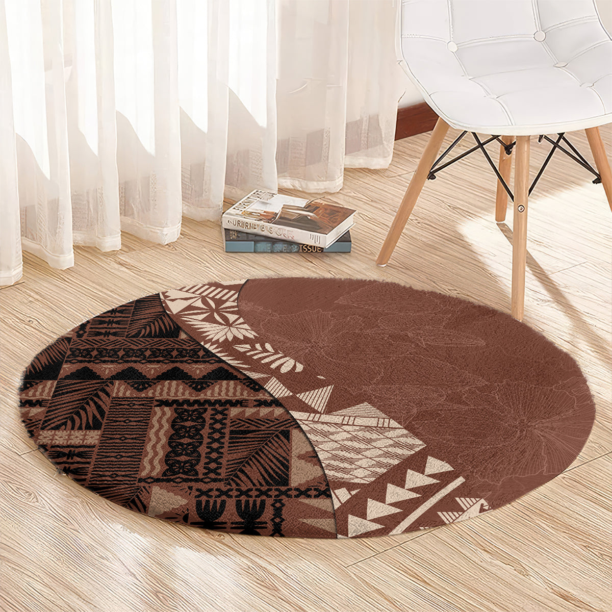 Bula Fiji Round Carpet Tribal Masi Tapa - Brown LT7 - Polynesian Pride