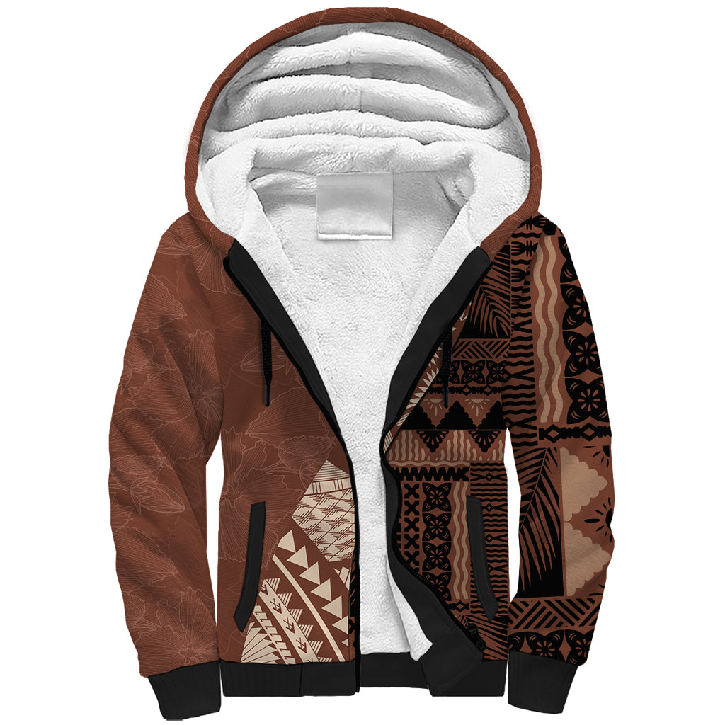 Bula Fiji Sherpa Hoodie Tribal Masi Tapa - Brown LT7 Unisex Brown - Polynesian Pride