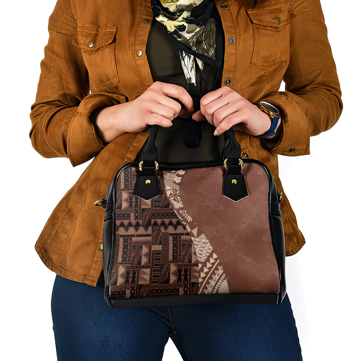 Bula Fiji Shoulder Handbag Tribal Masi Tapa - Brown LT7 - Polynesian Pride