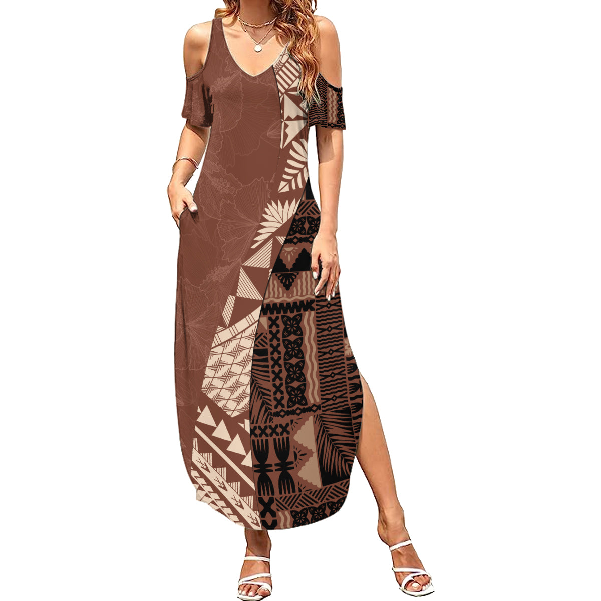 Bula Fiji Summer Maxi Dress Tribal Masi Tapa - Brown LT7 Women Brown - Polynesian Pride