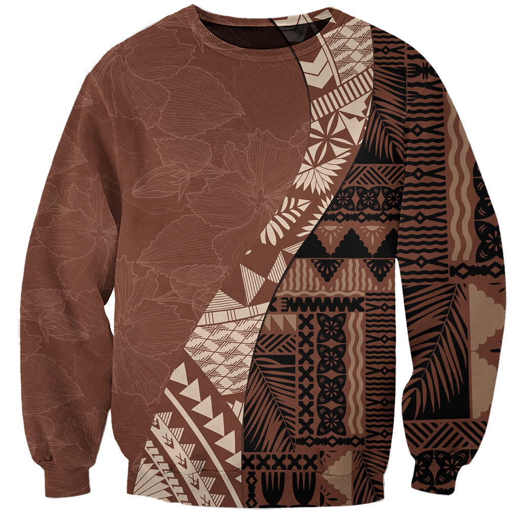 Bula Fiji Sweatshirt Tribal Masi Tapa - Brown LT7 Unisex Brown - Polynesian Pride