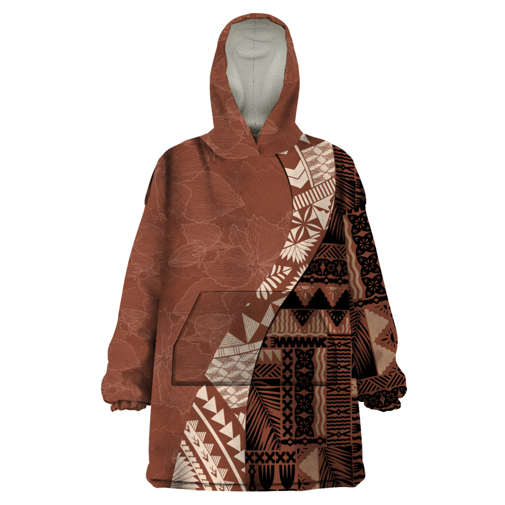 Bula Fiji Wearable Blanket Hoodie Tribal Masi Tapa - Brown LT7 One Size Brown - Polynesian Pride