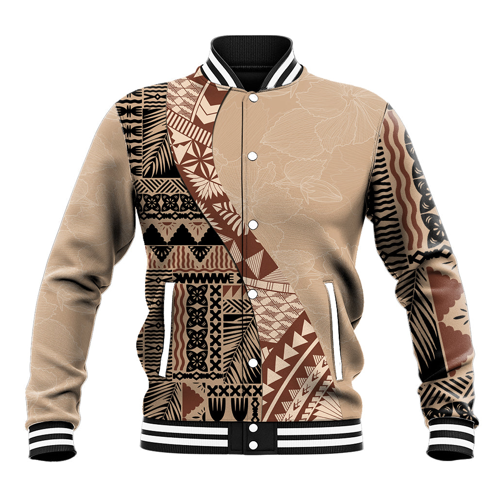 Bula Fiji Baseball Jacket Tribal Masi Tapa - Beige LT7 Unisex Beige - Polynesian Pride