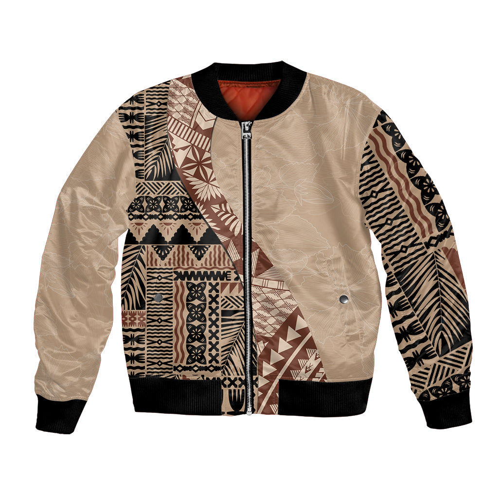 Bula Fiji Bomber Jacket Tribal Masi Tapa - Beige LT7 Unisex Beige - Polynesian Pride