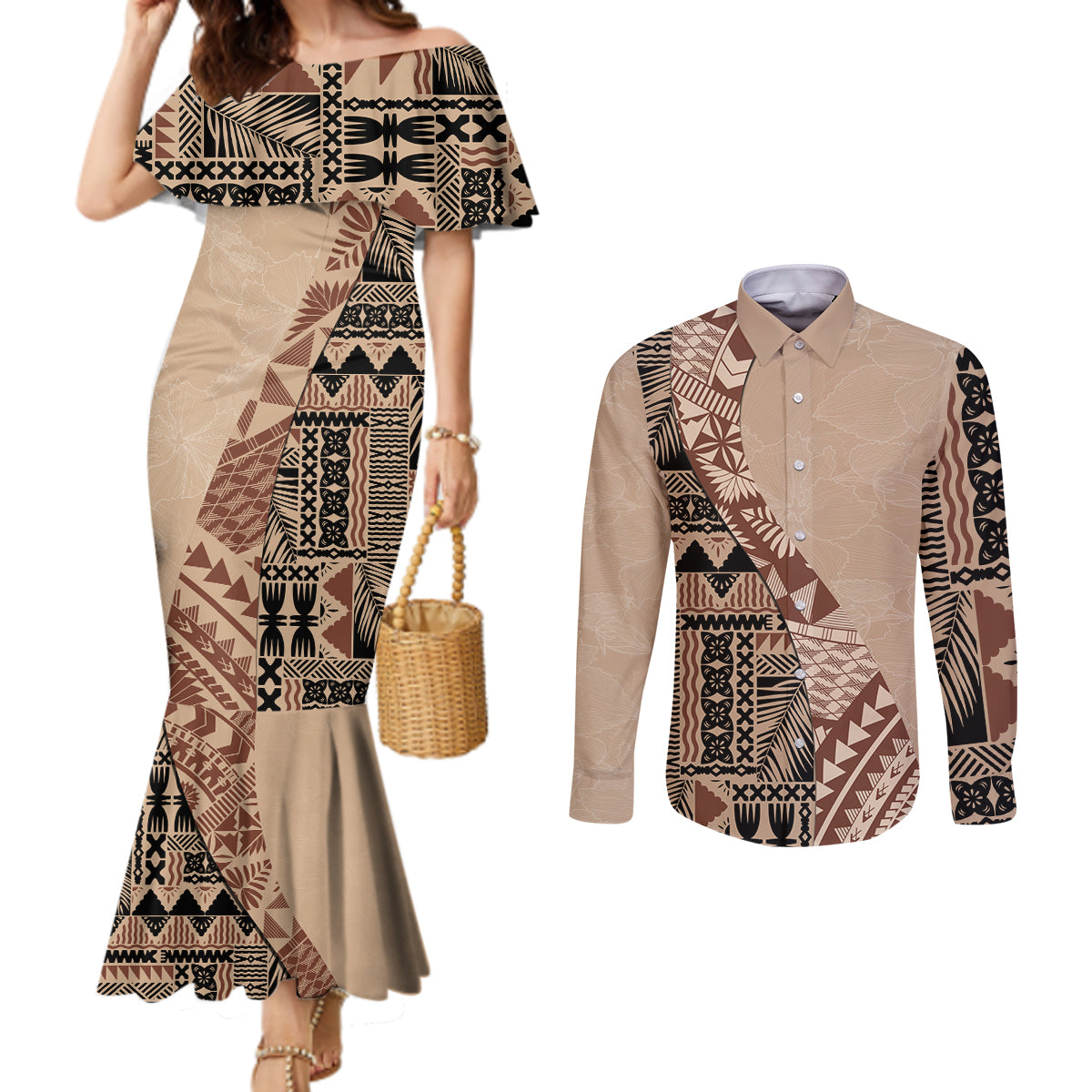 Bula Fiji Couples Matching Mermaid Dress and Long Sleeve Button Shirt Tribal Masi Tapa - Beige LT7 Beige - Polynesian Pride