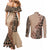 Bula Fiji Couples Matching Mermaid Dress and Long Sleeve Button Shirt Tribal Masi Tapa - Beige LT7 - Polynesian Pride