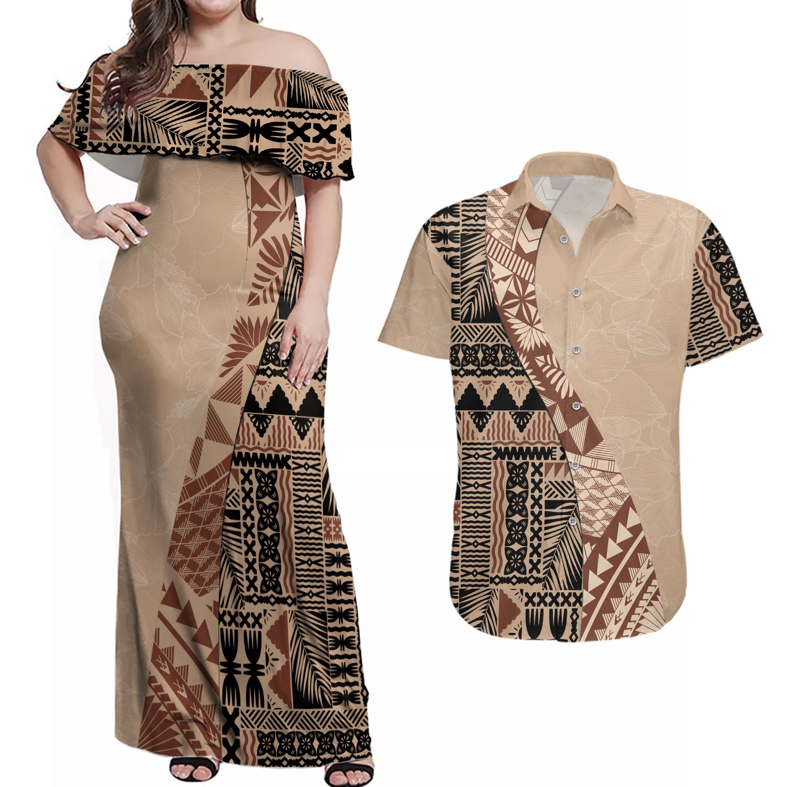 Bula Fiji Couples Matching Off Shoulder Maxi Dress and Hawaiian Shirt Tribal Masi Tapa - Beige LT7 Beige - Polynesian Pride