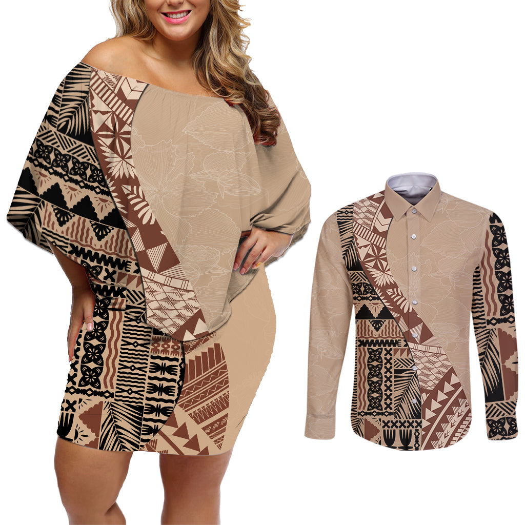 Bula Fiji Couples Matching Off Shoulder Short Dress and Long Sleeve Button Shirt Tribal Masi Tapa - Beige LT7 Beige - Polynesian Pride