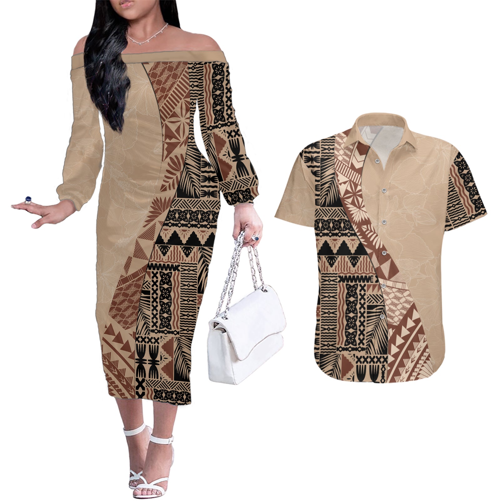 Bula Fiji Couples Matching Off The Shoulder Long Sleeve Dress and Hawaiian Shirt Tribal Masi Tapa - Beige LT7 Beige - Polynesian Pride