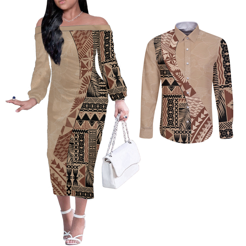 Bula Fiji Couples Matching Off The Shoulder Long Sleeve Dress and Long Sleeve Button Shirt Tribal Masi Tapa - Beige LT7 Beige - Polynesian Pride