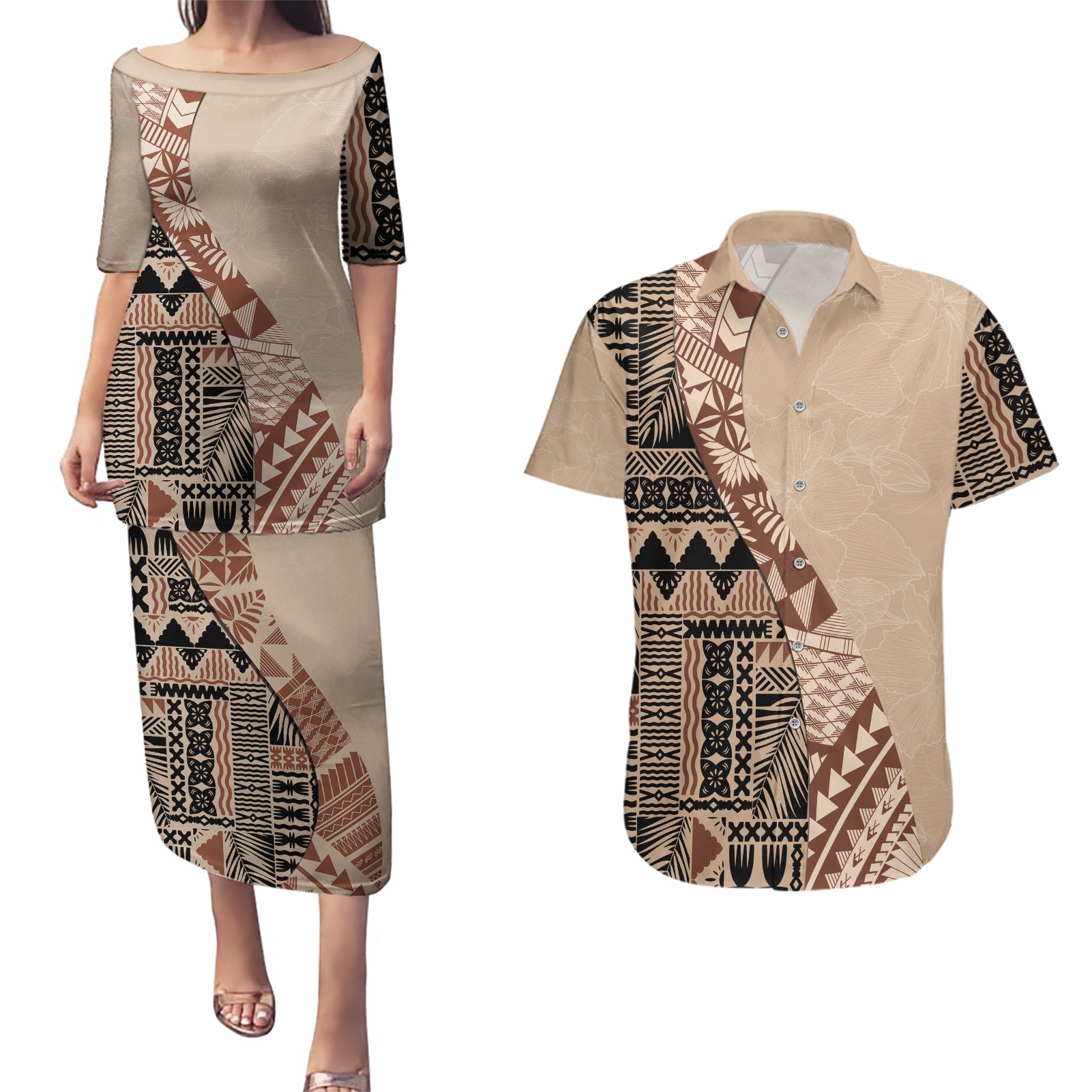 Bula Fiji Couples Matching Puletasi Dress and Hawaiian Shirt Tribal Masi Tapa - Beige LT7 Beige - Polynesian Pride