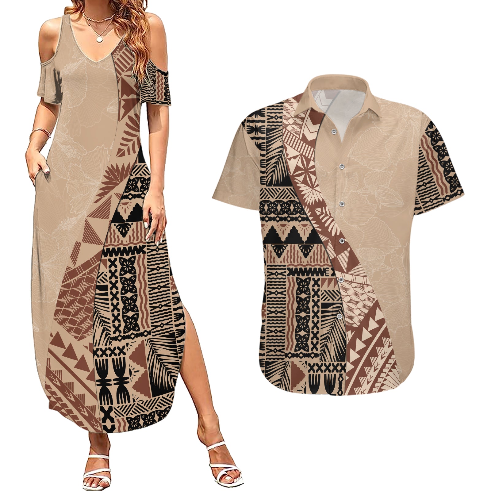 Bula Fiji Couples Matching Summer Maxi Dress and Hawaiian Shirt Tribal Masi Tapa - Beige LT7 Beige - Polynesian Pride