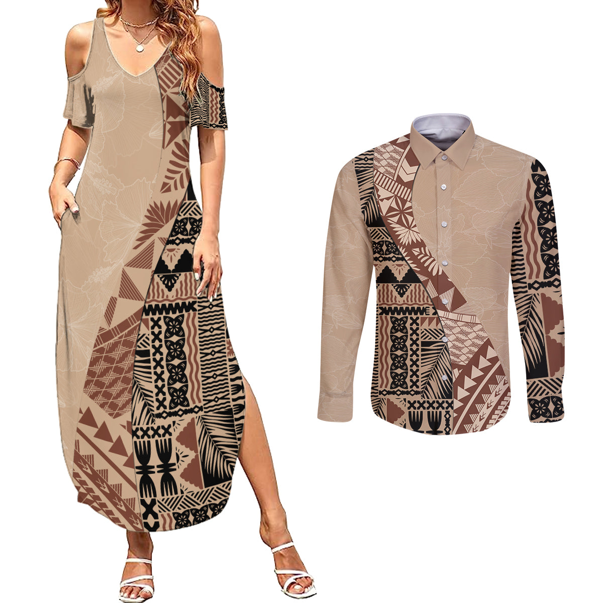 Bula Fiji Couples Matching Summer Maxi Dress and Long Sleeve Button Shirt Tribal Masi Tapa - Beige LT7 Beige - Polynesian Pride