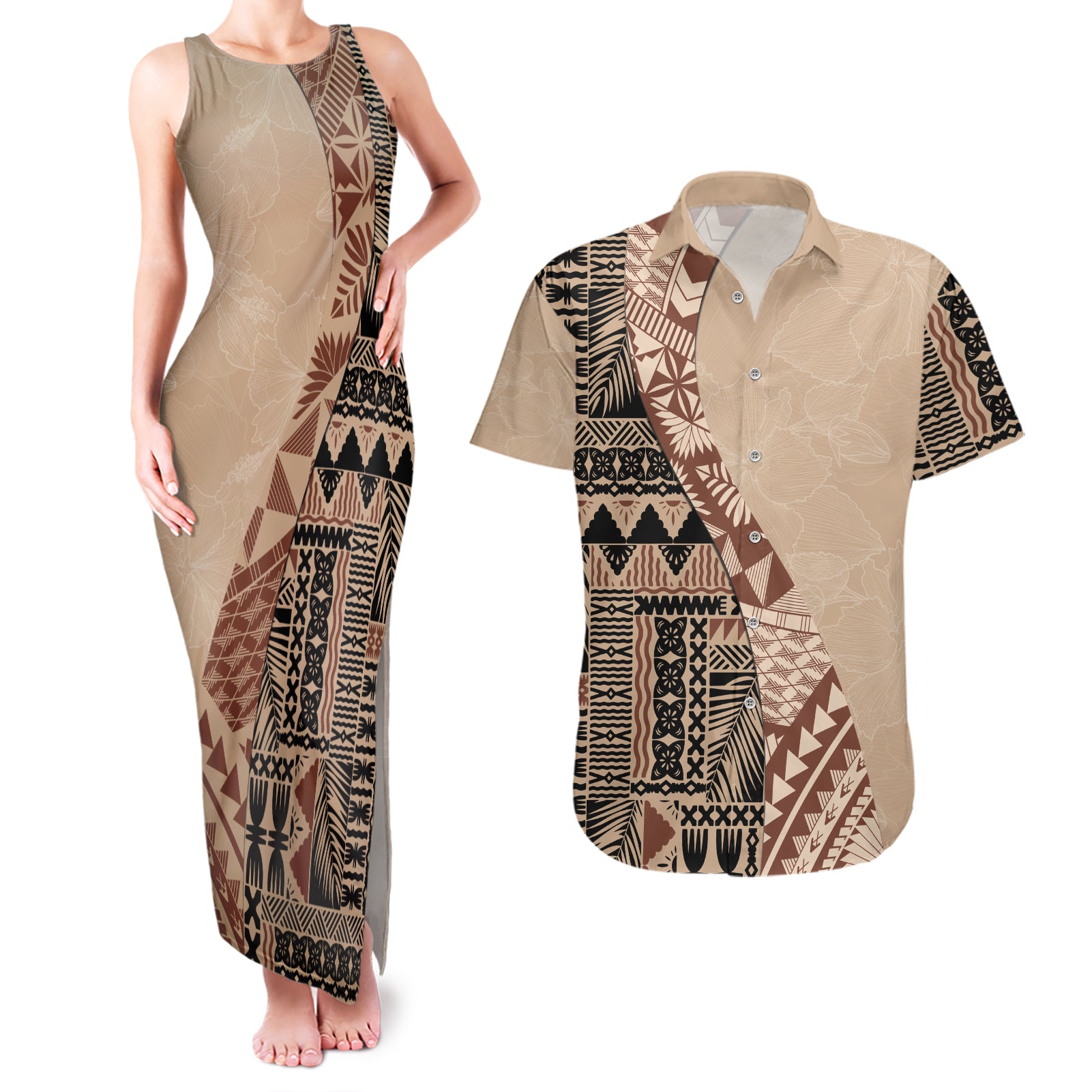 Bula Fiji Couples Matching Tank Maxi Dress and Hawaiian Shirt Tribal Masi Tapa - Beige LT7 Beige - Polynesian Pride