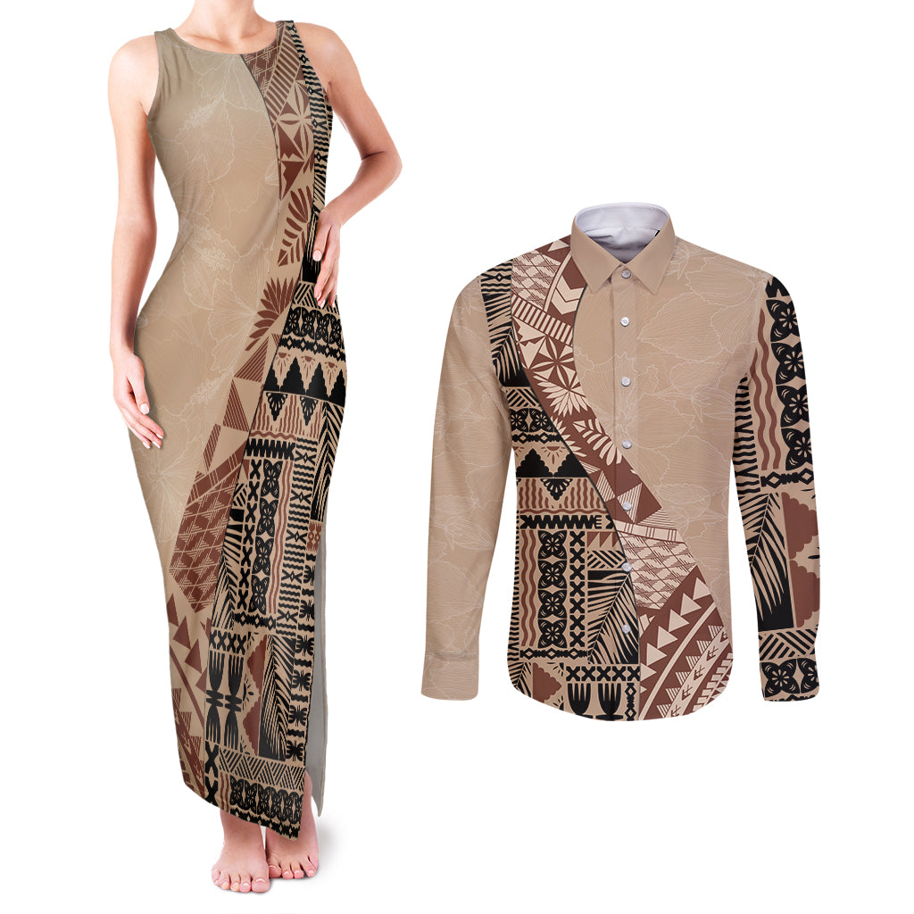 Bula Fiji Couples Matching Tank Maxi Dress and Long Sleeve Button Shirt Tribal Masi Tapa - Beige LT7 Beige - Polynesian Pride