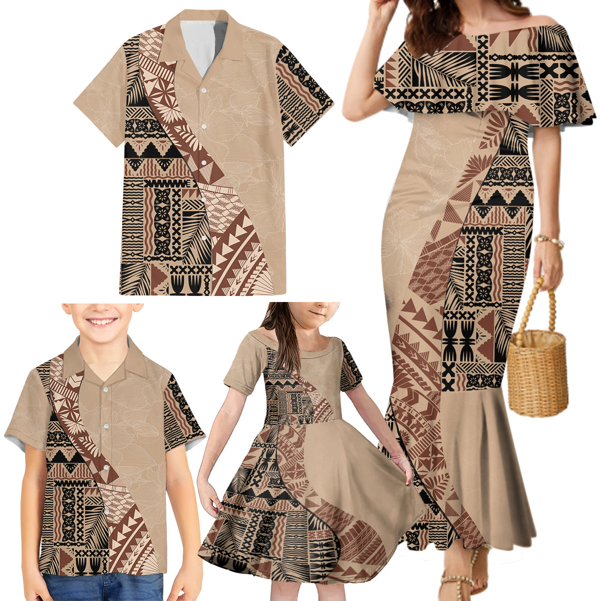 Bula Fiji Family Matching Mermaid Dress and Hawaiian Shirt Tribal Masi Tapa - Beige LT7 - Polynesian Pride