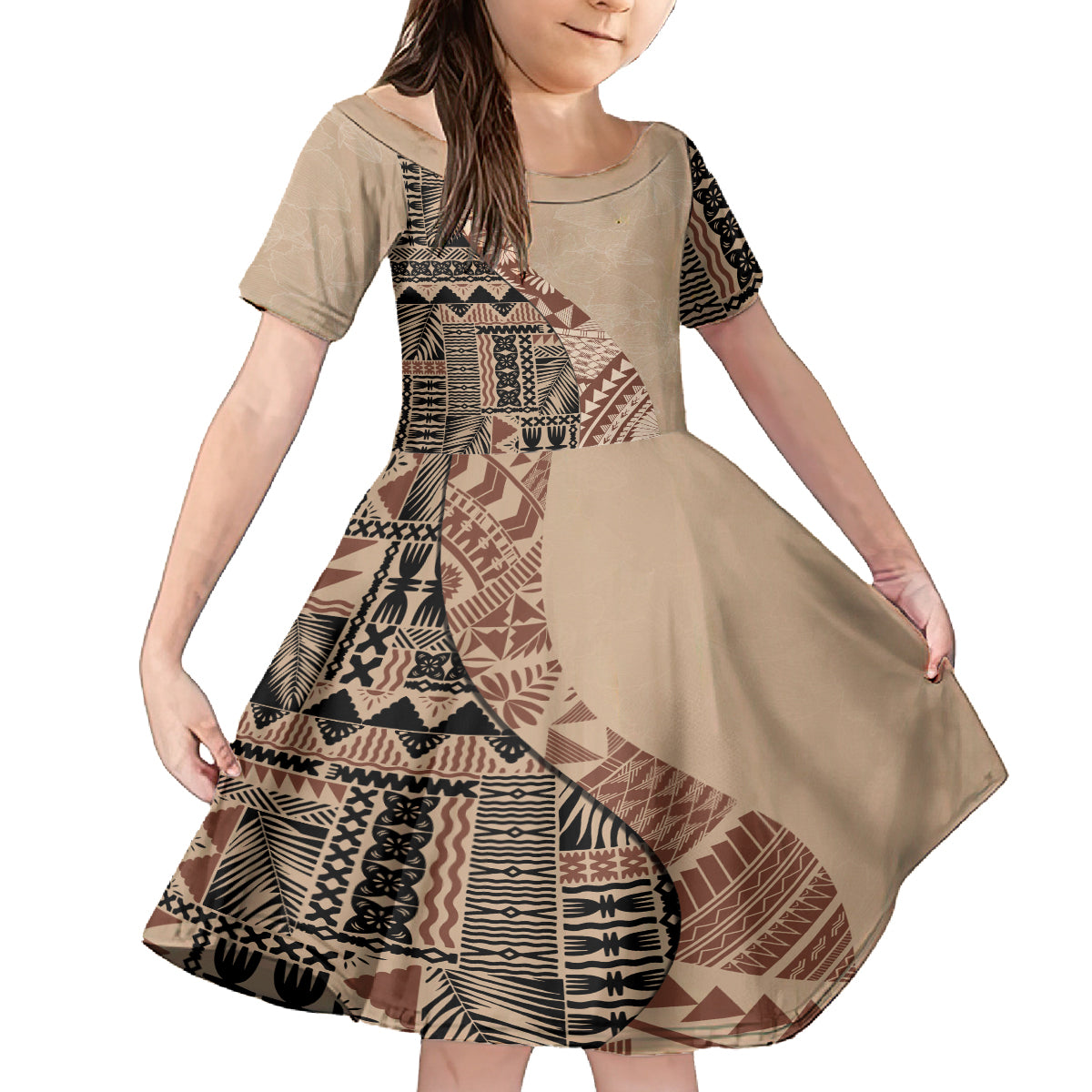 Bula Fiji Kid Short Sleeve Dress Tribal Masi Tapa - Beige LT7 KID Beige - Polynesian Pride