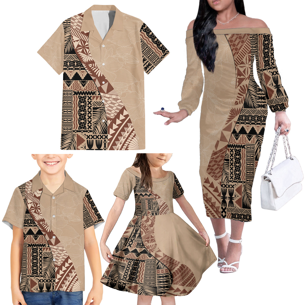 Bula Fiji Family Matching Off Shoulder Long Sleeve Dress and Hawaiian Shirt Tribal Masi Tapa - Beige LT7 - Polynesian Pride