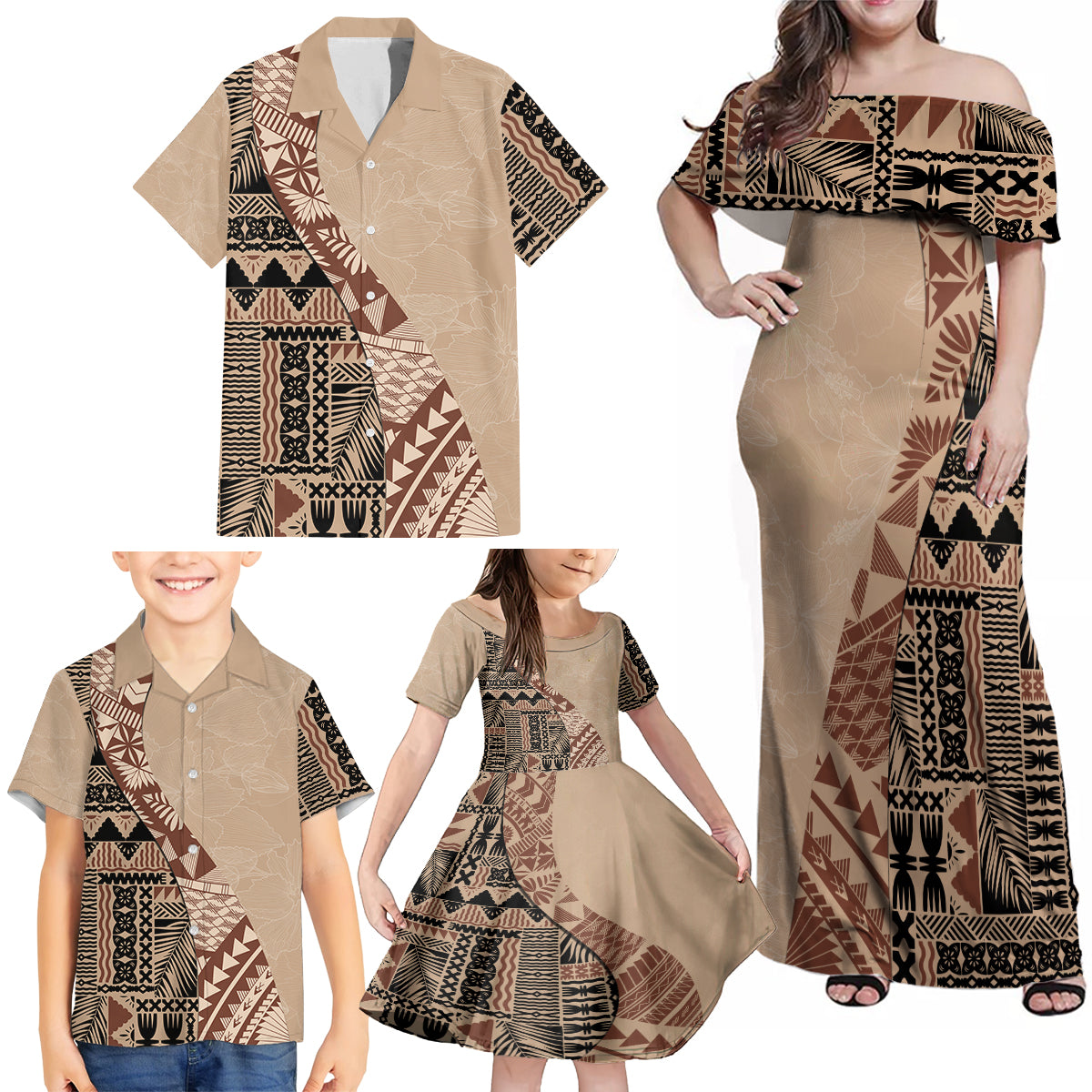 Bula Fiji Family Matching Off Shoulder Maxi Dress and Hawaiian Shirt Tribal Masi Tapa - Beige LT7 - Polynesian Pride