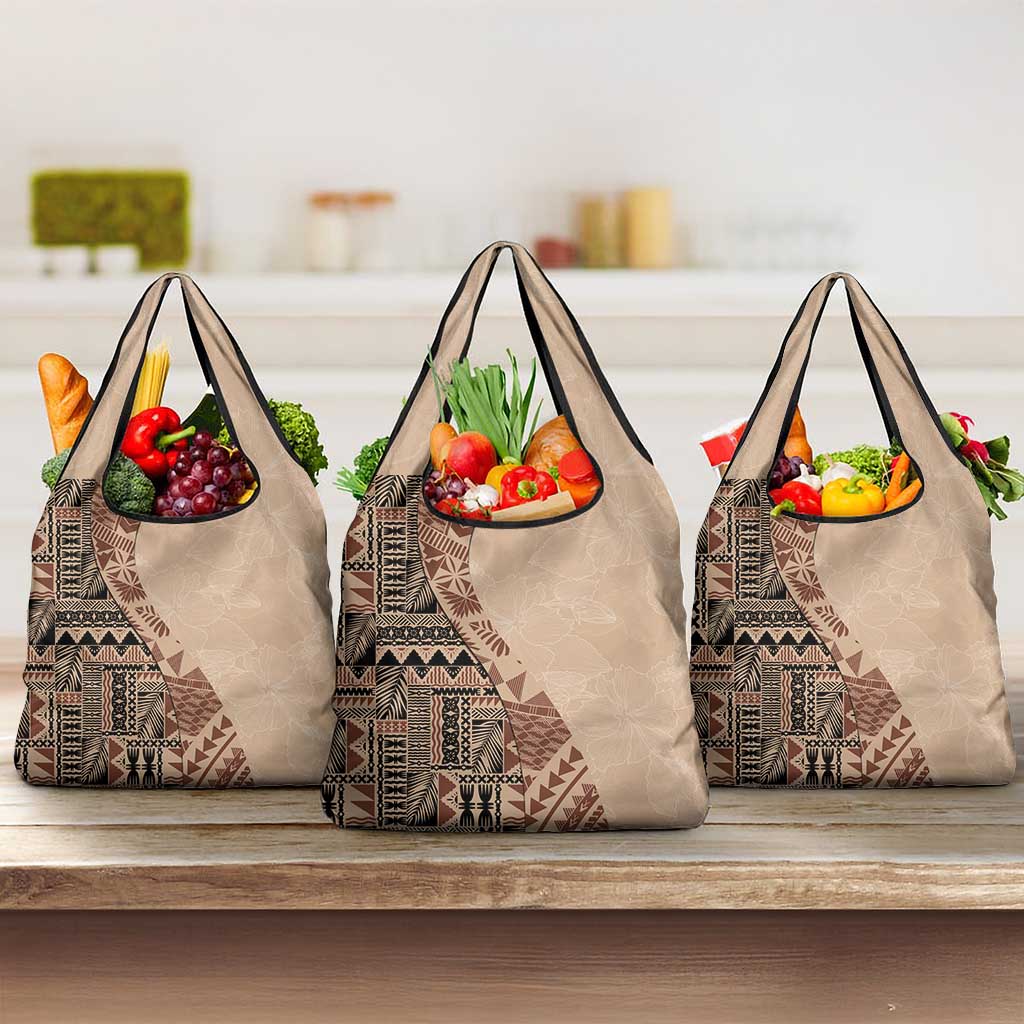 Bula Fiji Grocery Bag Tribal Masi Tapa - Beige LT7 3-pack One Size Beige - Polynesian Pride