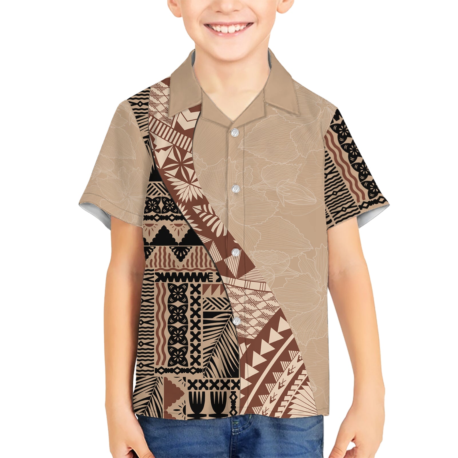 Bula Fiji Kid Hawaiian Shirt Tribal Masi Tapa - Beige LT7 Kid Beige - Polynesian Pride