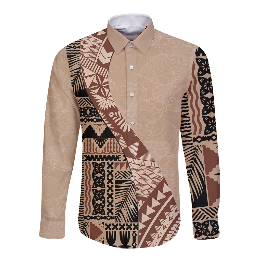 Bula Fiji Long Sleeve Button Shirt Tribal Masi Tapa - Beige LT7 Unisex Beige - Polynesian Pride