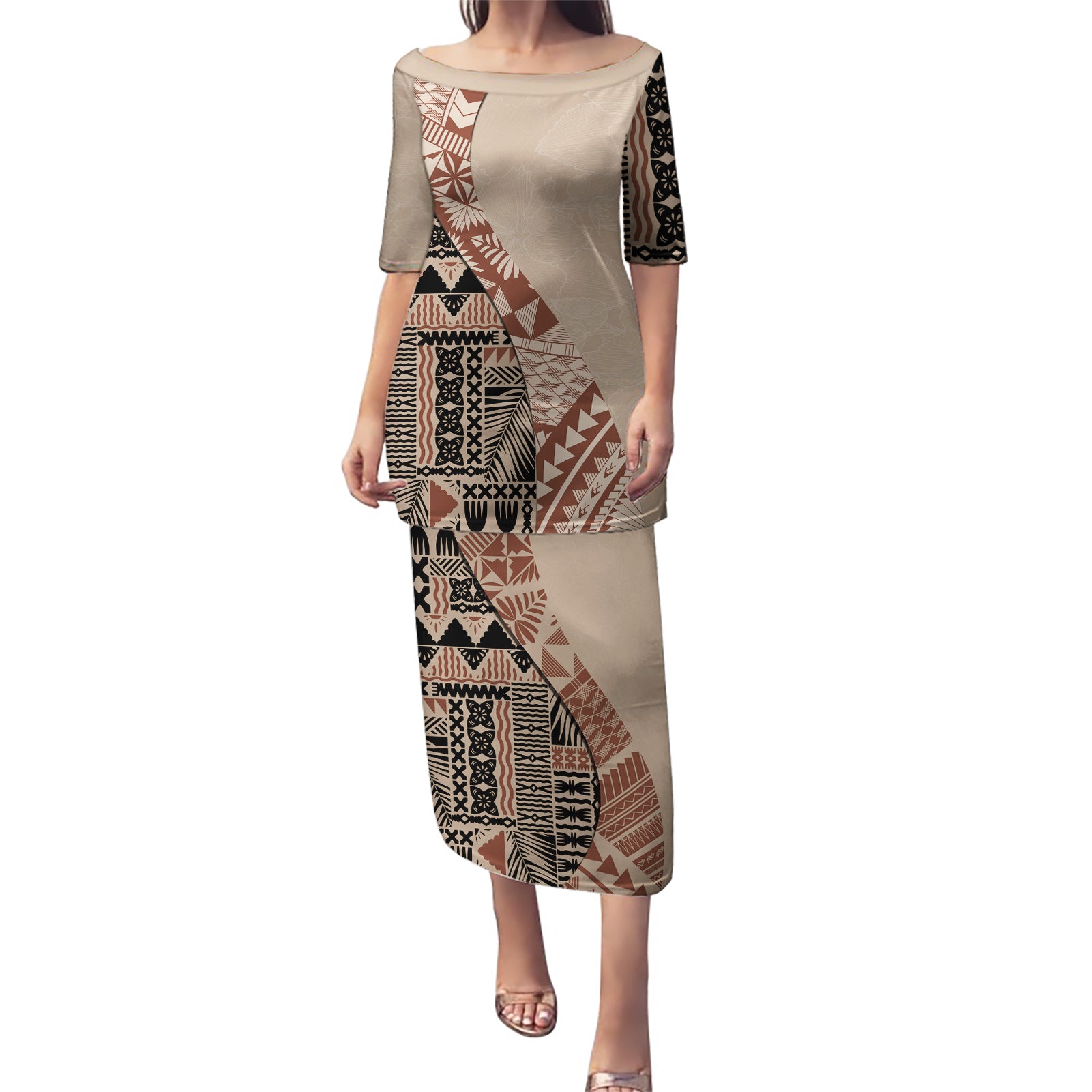 Bula Fiji Puletasi Tribal Masi Tapa - Beige LT7 Long Dress Beige - Polynesian Pride