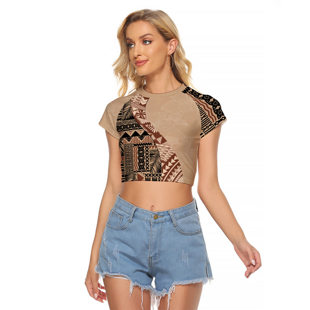 Bula Fiji Raglan Cropped T Shirt Tribal Masi Tapa - Beige LT7 Female Beige - Polynesian Pride