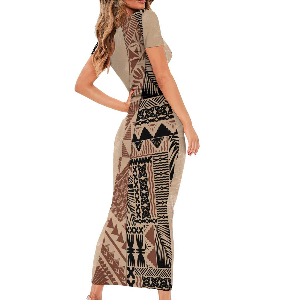 Bula Fiji Short Sleeve Bodycon Dress Tribal Masi Tapa - Beige LT7 - Polynesian Pride
