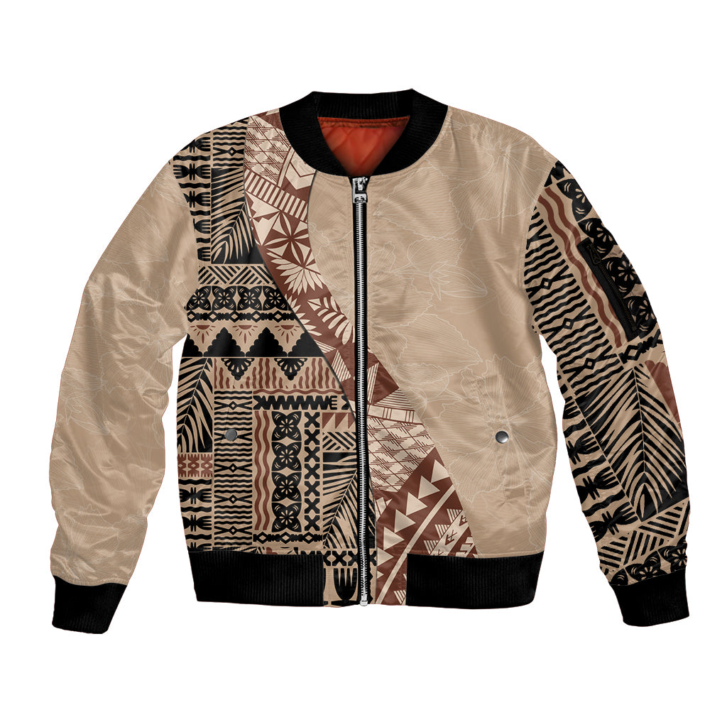 Bula Fiji Sleeve Zip Bomber Jacket Tribal Masi Tapa - Beige LT7 Unisex Beige - Polynesian Pride