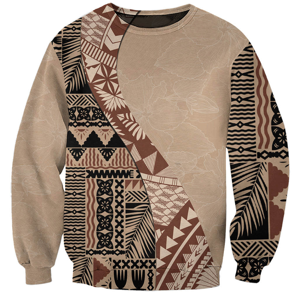 Bula Fiji Sweatshirt Tribal Masi Tapa - Beige LT7 Unisex Beige - Polynesian Pride