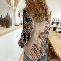 Bula Fiji Women Casual Shirt - Tribal Masi Tapa Beige LT7 - Polynesian Pride