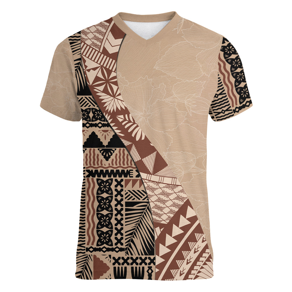 Bula Fiji Women V Neck T Shirt Tribal Masi Tapa - Beige LT7 Female Beige - Polynesian Pride