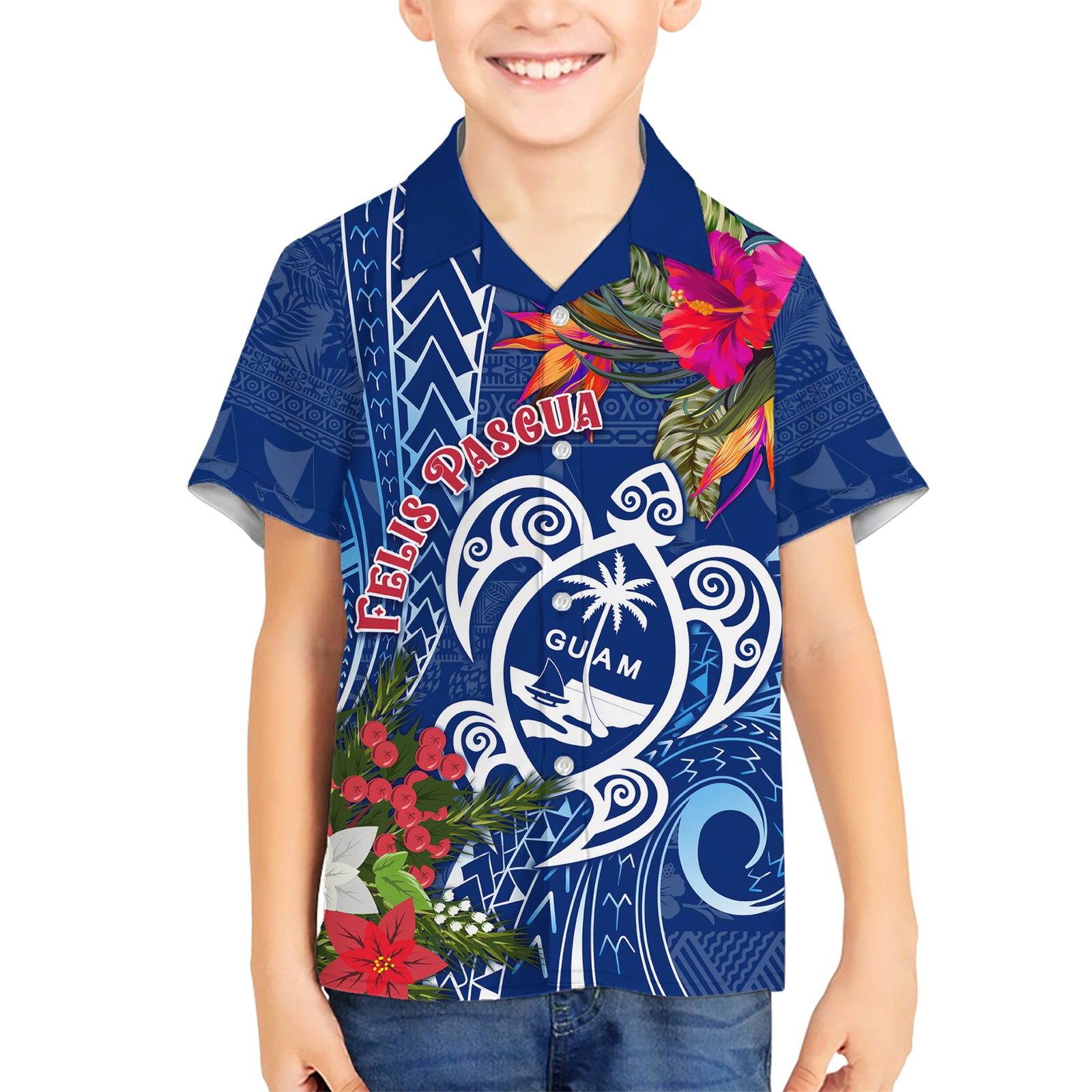 Guam Christmas Kid Hawaiian Shirt Turtle Mix Tapa Felis Pasgua LT7 Kid Blue - Polynesian Pride