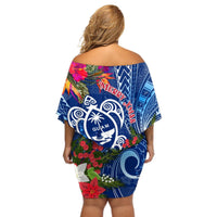 Guam Christmas Off Shoulder Short Dress Turtle Mix Tapa Felis Pasgua LT7 - Polynesian Pride