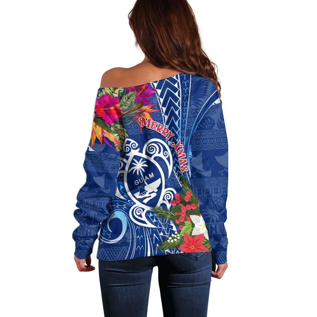 Guam Christmas Off Shoulder Sweater Turtle Mix Tapa Felis Pasgua LT7 - Polynesian Pride